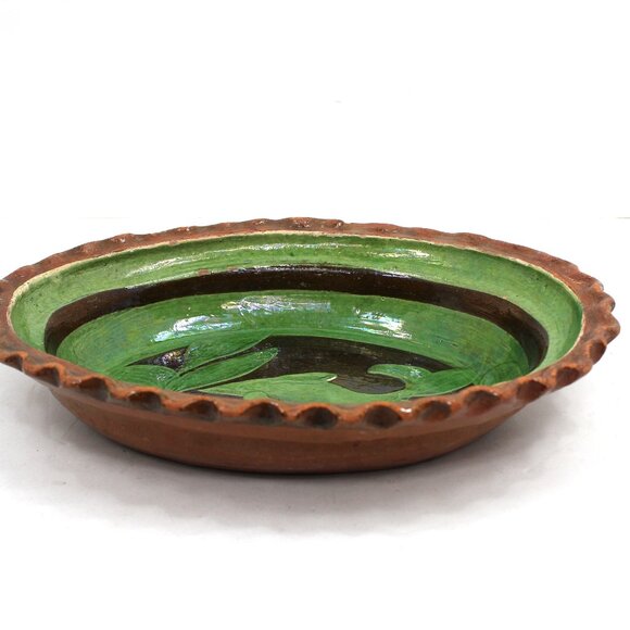 VTG Patamban Hand Painted Dolphin MX Folk Art Green/Brown Glazed Pottery Platter - Picture 3 of 10